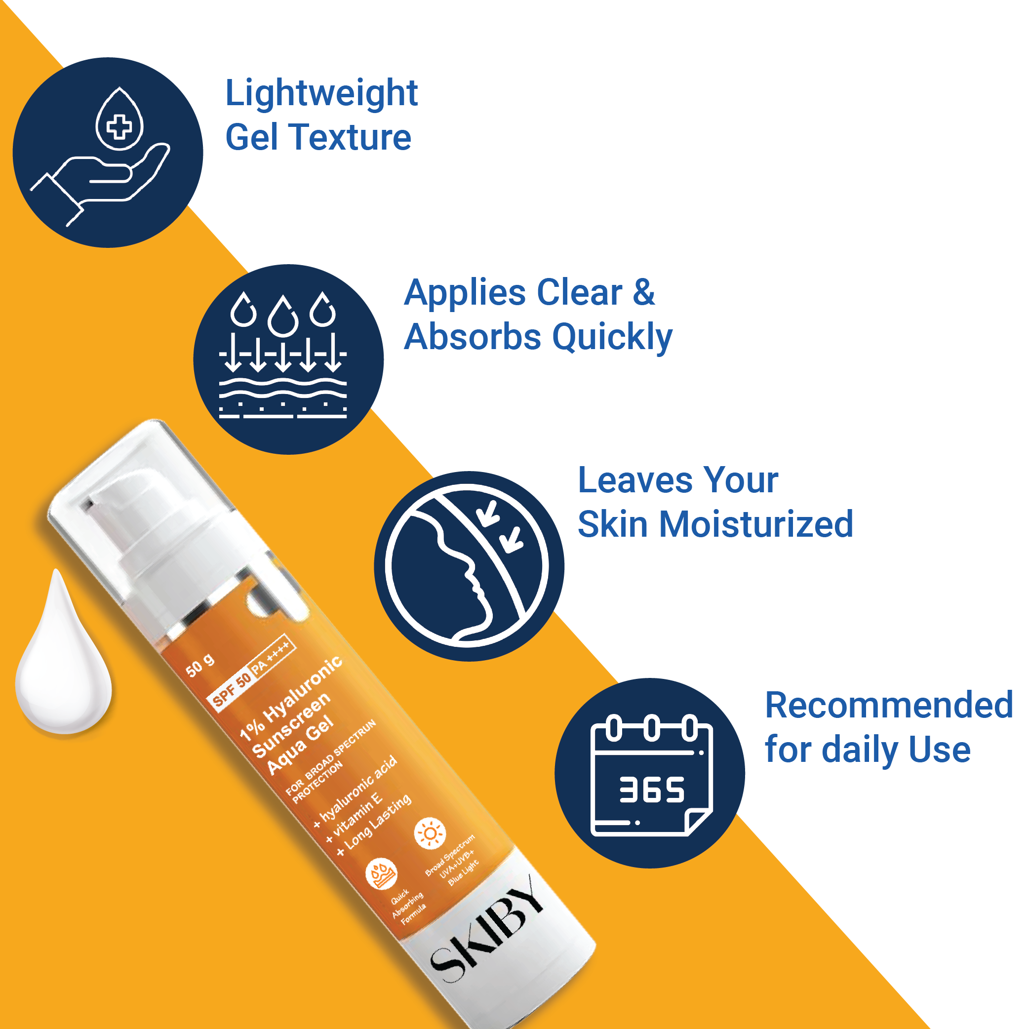 Skiby 1% Hyaluronic Sunscreen Aqua Gel 50g - SPF 50 PA++++ - Gel Based Sunscreen for Oily Skin & Combination Skin - Face Sunscreen for Women - Broad Spectrum Sun Screen Protection.